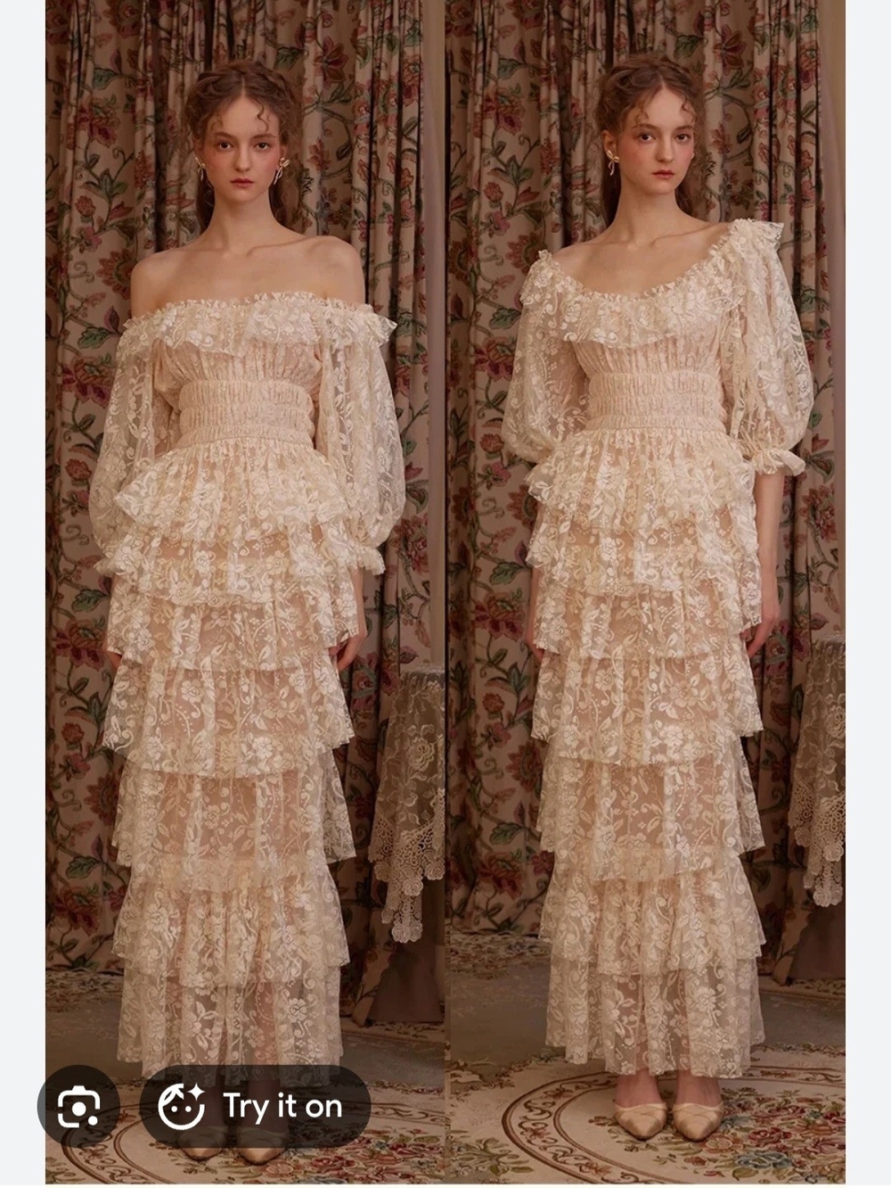 Lace Made Women's Ivory Lace Off Shoulder Tiered Maxi Dress Boho Cottagecore XS